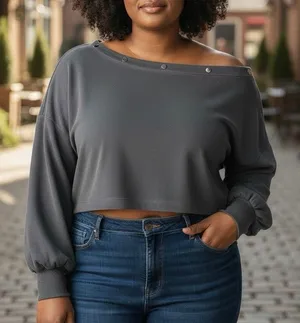 Jennifer Lopez Off-Shoulder Snap Asymmetrical French Terry Sweatshirt Cropped L thumbnail 1