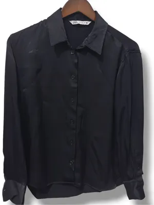 ZARA | EUC Black Satin Silky Button-Down Long Sleeve Shirt Blouse (Size M) thumbnail 3