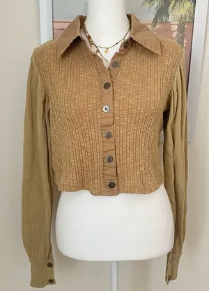 POL Ribbed Cropped Long Sleeve Button Down Top Small thumbnail 1