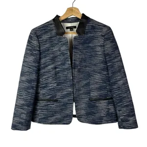 Ann‎ Taylor Navy Blue Tweed Faux Leather Blazer Jacket 8 thumbnail 1