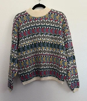 Vintage 90s Liberty Knits Patterned Knit Pullover Sweater Medium White thumbnail 1