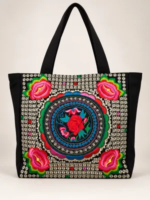 Guatemalan Embroidered Boho Floral Tote Bag Black Canvas Coin Trim thumbnail 1