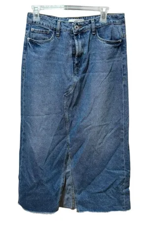 Women's Denim Maxi Skirt‎ Blue Jean Front Slit Raw Hem Y2K 90s Grunge thumbnail 1