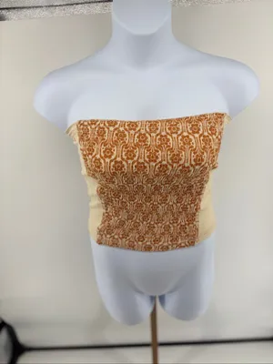 Free People In The Groove Smocked Strapless Tube Top Boho Ivory Orange L NWT thumbnail 1
