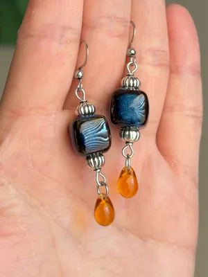 Handmade ceramic cube & Czech teardrop chic boho retro vintage style dangle earrings thumbnail 3