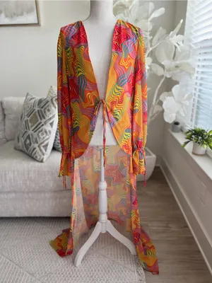 Bananhot Long Multi-Color Sheer Long Sleeve Cover-Up In Waves Size M/L thumbnail 4