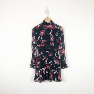 Nicholas French Floral Mini Dress Size 2 Silk Long Sleeve Ruffle Aline High Neck thumbnail 4