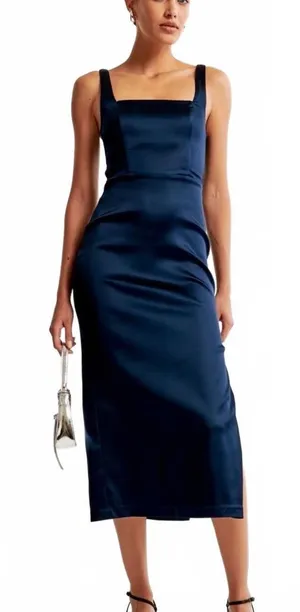 Abercrombie & Fitch Sculpting Satin Midi Dress Gown Formal Navy Blue 2XL XXL NWT thumbnail 1
