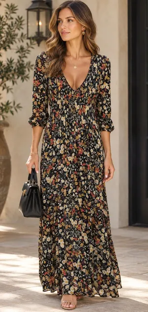 Maeve Black Floral Maxi Dress with Rust and Cream Blooms thumbnail 1
