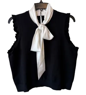 Cinq à Sept L Black White Tie Neck Sleeveless Knit Top Ruffle Luxury office core thumbnail 1