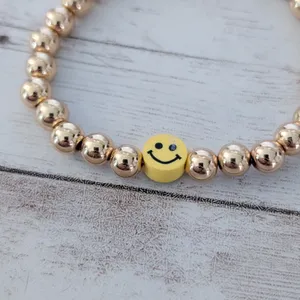 Gold Tone Stretch Bracelet with Yellow Smiley Face - Happy Theme thumbnail 2