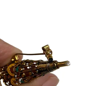 Vintage Umbrella Enamel Parasol Pin Brooch Gold Toned Damascene Pearl Handle thumbnail 6
