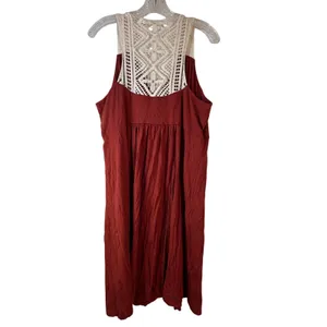 ELLE Rust Red Crochet Lace Yoke Empire Waist Sleeveless Knit Dress XL‎ thumbnail 2