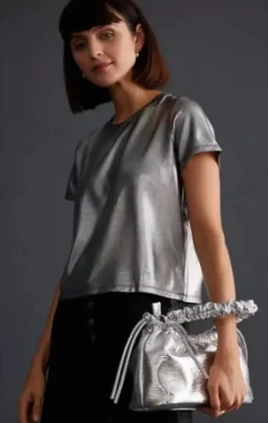 Porridge Anthropologie Women’s Size Medium Petite Shine Glam Tee Metallic Silver thumbnail 1