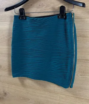 Bershka Teal Textured Mini Skirt with Gold Side Zip Small thumbnail 1