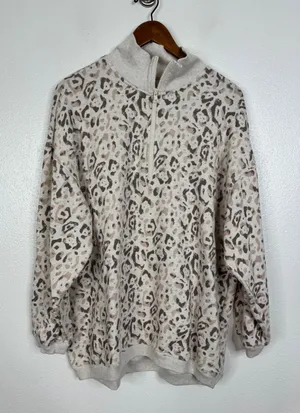 Aerie Womens Leopard Print Quarter Zip Sweatshirt Tan Beige Medium thumbnail 1