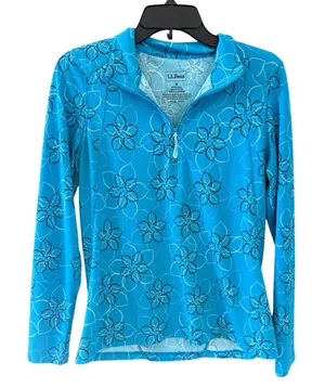 L.L. Bean Womens‎ Turquoise Blue Floral Quarter Zip Pullover Active Top Size M thumbnail 1
