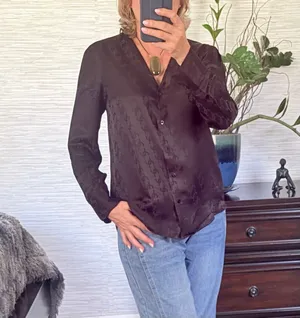 Massimo Dutti Black Monogram Silk Viscose Sheer Button Front Blouse Size XS thumbnail 2