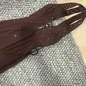 Cum Cum by Niki Livas Brown Satin Beaded Maxi Party Dress thumbnail 5
