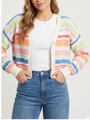 Jessica Simpson Striped V-Neck Cropped Knit Cardigan Size Small NWT Rainbow Boho thumbnail 1