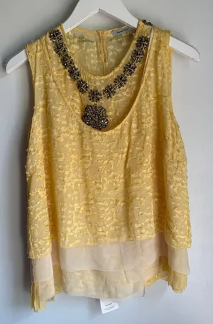 Peter Som Silk Blend Embellished Sleeveless Top Yellow Beaded Layered Blouse thumbnail 1