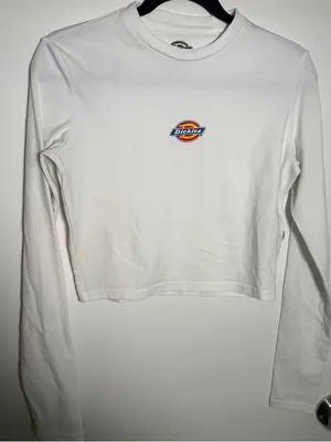 Dickies White Cropped Crewneck Tee with Black Logo Print Womens Medium thumbnail 5