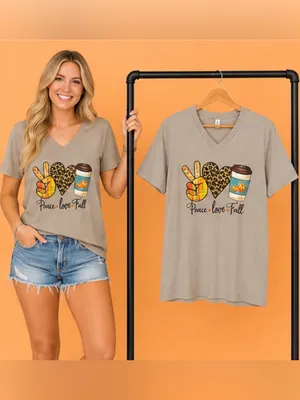 Bella Canvas Taupe V-Neck Peace Love Fall Women’s DTF Graphic Tee size LARGE thumbnail 2