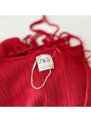 Zara Red Crochet Neck Knotted Macrame Gauzy Maxi Dress Medium 3/4 Sleeves thumbnail 6
