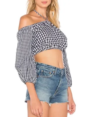 Lovers + Friends x Revolve Women’s Addison Off Shoulder Gingham Black Crop Top thumbnail 9