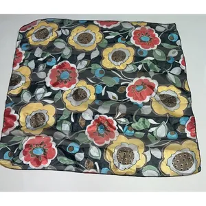 Vintage Space Age Scarf Black Floral Flower Print 20" Square Polyester Womens thumbnail 3