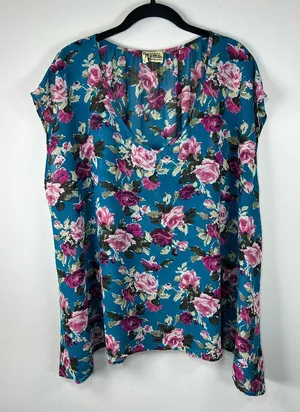 Show Me Your Mumu Floral Blouse Tunic Teal Semi Sheer Romantic Whimsical USA Lg thumbnail 1