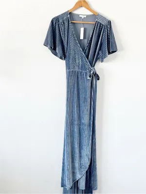 Baltic Born Steel Blue Andi Ribbed Velvet Romantic Bridesmaid Wrap Maxi Dress thumbnail 2
