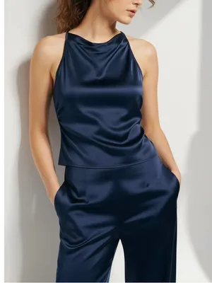 GUIZIO Regine Cowl Neck Top, Navy, Medium Blue thumbnail 3