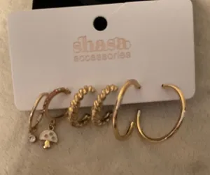 SHEIN Gold-Tone Mixed Hoop Earring Set with Enamel Mushroom Charm thumbnail 1