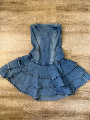 Y2K Hot Kiss Vintage Denim Ruffle Strapless Dress Size Large thumbnail 2