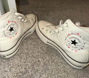Converse High Top Sneakers in Cream with Pink & Green Floral Embroidery thumbnail 1