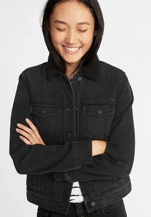 Old Navy Black Sherpa-Lined Black Denim Jacket thumbnail 1