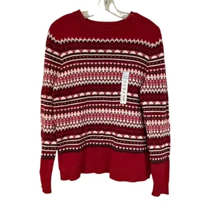Croft & Barrow Fair Isle Crew‎ Neck Sweater Women's Medium Red Preppy Fisherman thumbnail 2