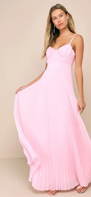 LULU's Prom Wedding Bridesmaid Sexy Pleated Bustier Romantic Flowy Maxi Dress thumbnail 1