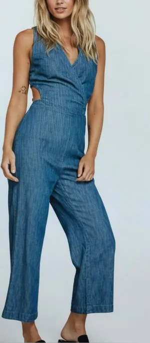 Free People Moonlight Mile Chambray Jumper Jumpsuit Denim Open Back thumbnail 1