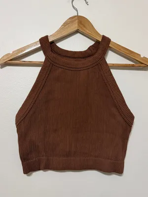 Aerie Ribbed Brown Crop Tank Top Size Large Stretch thumbnail 2