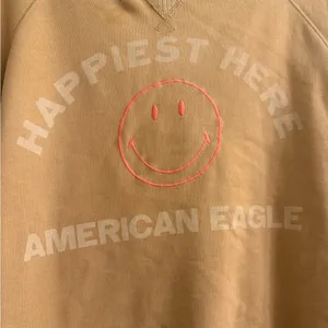 American Eagle Funday Graphic Happiest Here Smiley Tan Sweatshirt - size XL thumbnail 2