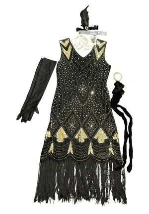 Roaring 1920s Flapper Dress Halloween Costume Gold Sequin Fringe Dress M Gaptsy thumbnail 1