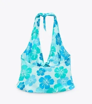 Zara Floral PRINT SATIN EFFECT Halter Cropped Top w/Ties @ Neck & Front Blue New thumbnail 3