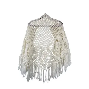 Vintage Pineapple Crochet Shawl Fringe Wrap Ivory Boho Festival One Size thumbnail 2