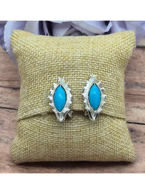 Vintage Faux Turquoise Brooch Clip On Earrings Demi Parure Silver Tone thumbnail 5