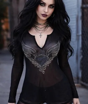 Sheer Long Sleeve Rhinestone Heart Angel Wings Y2K‎ Small Biker Fairy Goth thumbnail 1