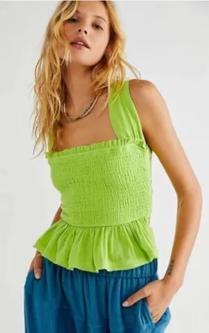 NEW‎ Free People Green Smocked Ruffle Tank Top Women's Size S European Summer thumbnail 1