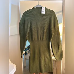 NEW Mock Neck Trendy Lantern Sleeve Ribbed Knit Bodycon Pullover Sweater Dress S thumbnail 3