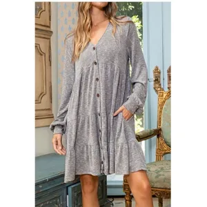 Ces Femme Baby Doll Button Down Swing Dress Mocha Gray Size Small -NWT thumbnail 3